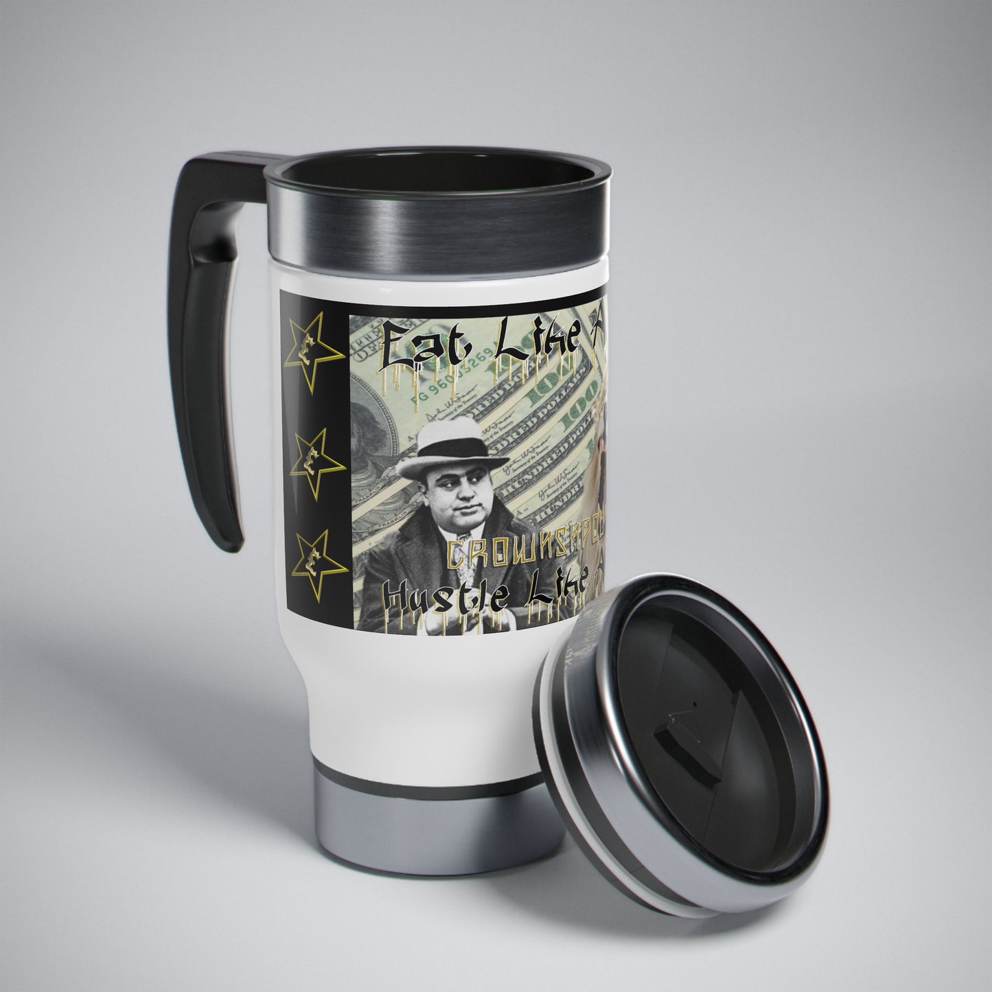 Eat Like A Lion Hustle Like A Boss Steel Travel Mug with Handle, 14oz